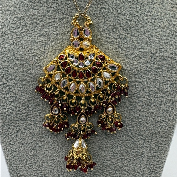Jewelry - Elegant Gold Plated Indian Rhinestone Red Chandelier Necklace